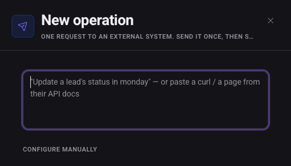 The New operation panel: a field to describe the operation or paste a curl command, and the Configure manually link