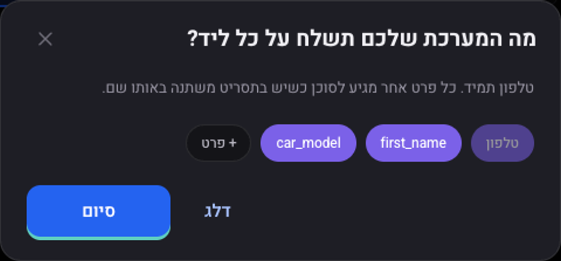 החלון מה המערכת שלכם תשלח על כל ליד: טלפון, first_name, car_model והאפשרות להוסיף פרט