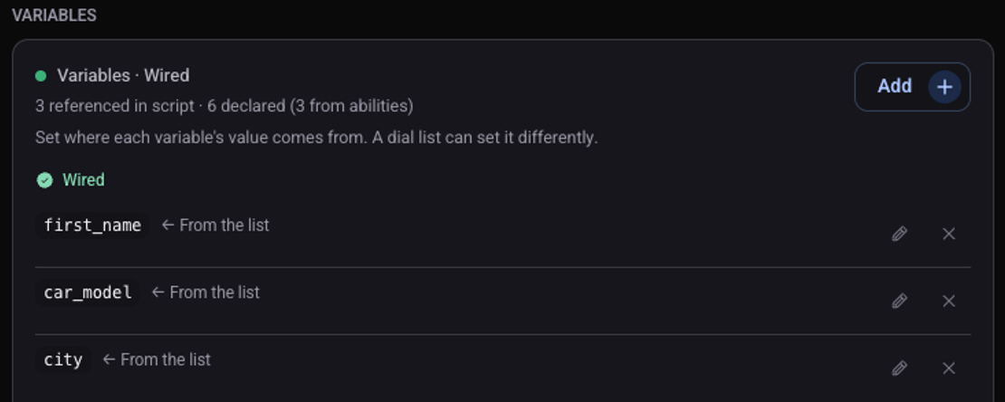 The Variables card: each variable is marked From the list, with an edit button next to it