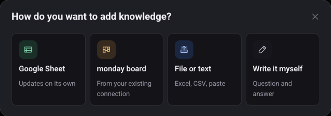 The four ways to add knowledge: Google Sheet, monday board, File or text, Write it myself