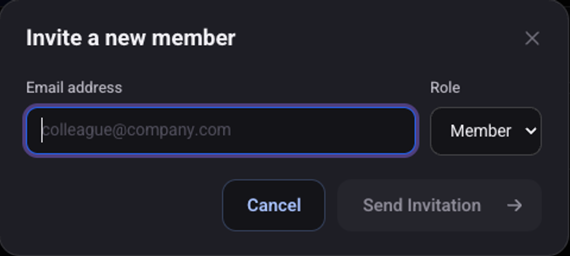 The Invite a new member window: an email address field, a role picker and the Send Invitation button