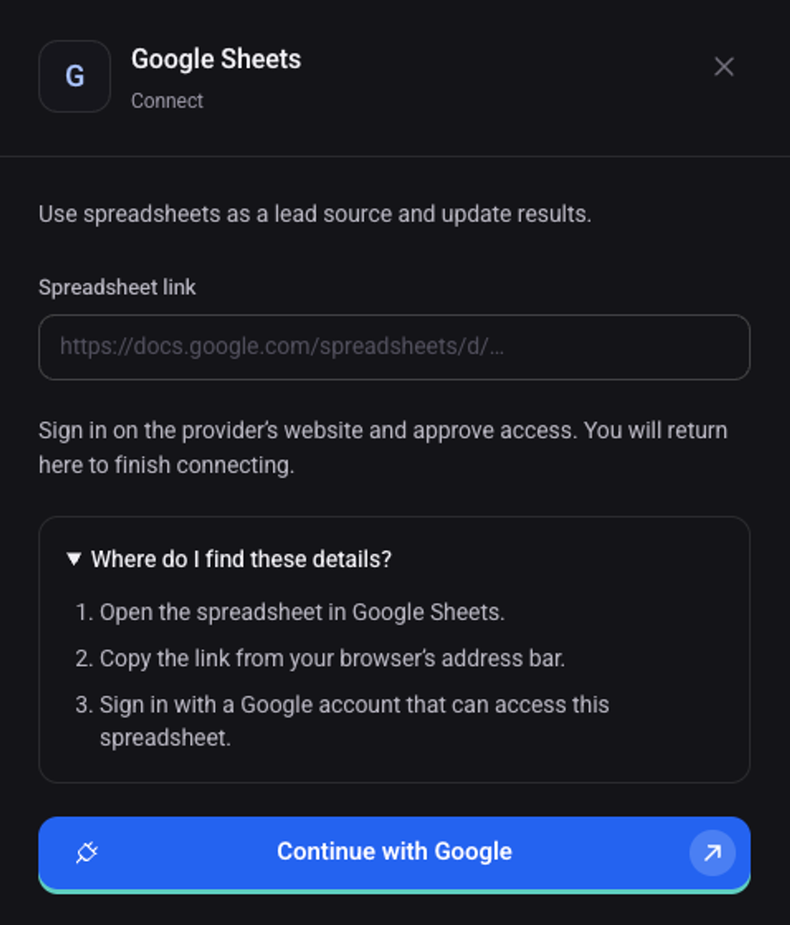 The Google Sheets connection panel: the details to fill in, where to find them, and the connect button