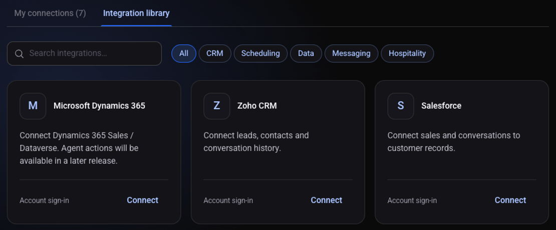 The integration library: a search box, filters by type, and a card for each system with a Connect button