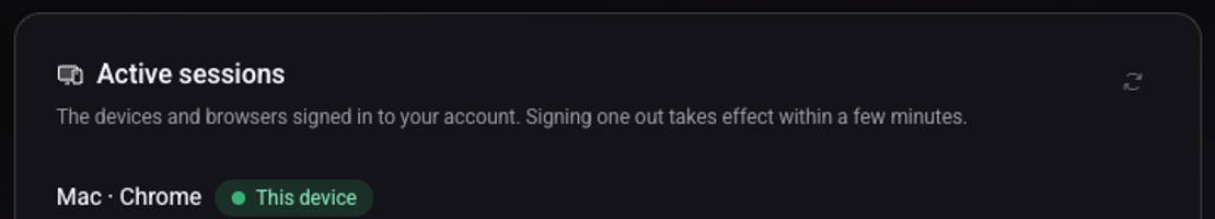 The Active sessions card: the list of signed-in devices, with the current one marked This device