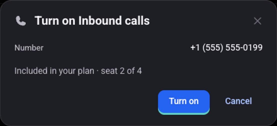 The Turn on Inbound calls window: the agent's number, the seat in the plan and the Turn on button