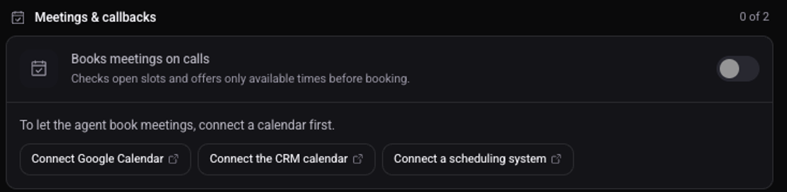 The Meetings & callbacks group: the Books meetings on calls switch, and links to connect a calendar