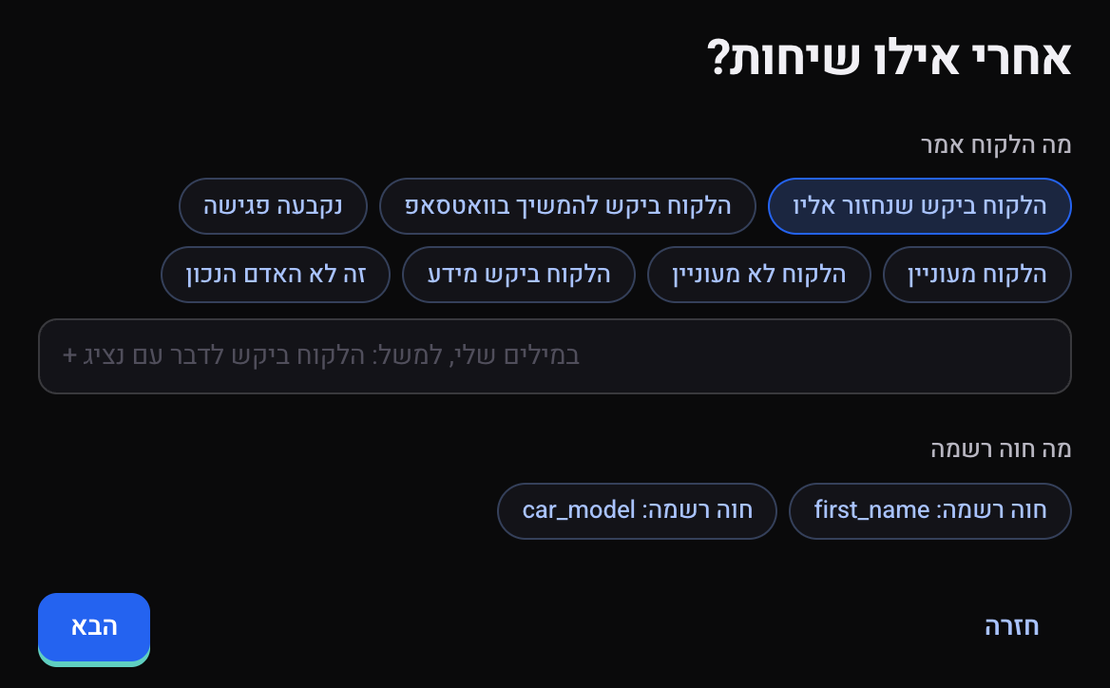 השלב אחרי אילו שיחות: תוצאות מוכנות לבחירה, שדה לכתיבה במילים שלי, ופרטים שהסוכן רשם