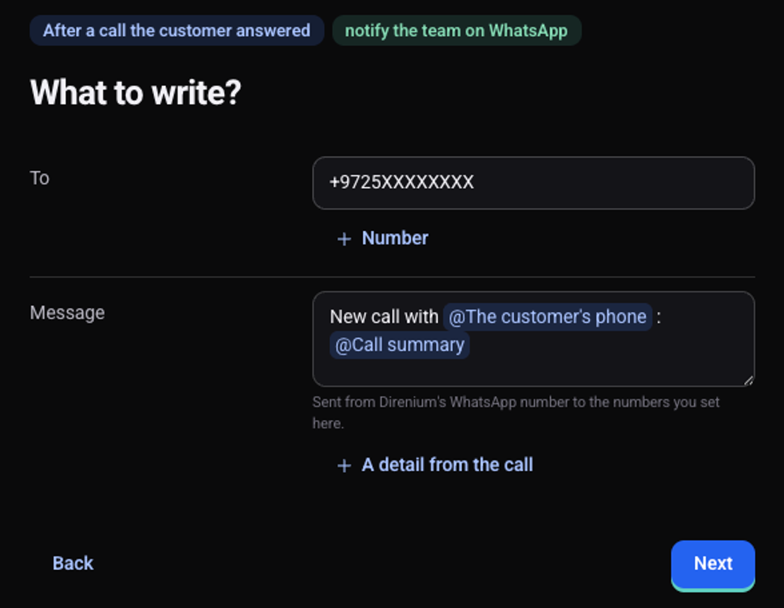 The What to write step: the recipient's number and the message, with the tags The customer's phone and Call summary