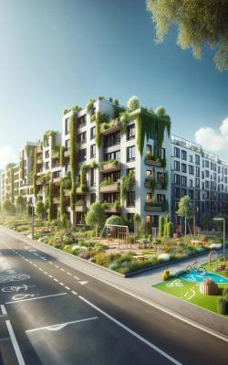 Das Bild zeigt eine autofreie, städtische Straße, aufgenommen im Hochformat. Die Szene wird aus der Perspektive der Straßenebene dargestellt, was dem Betrachter das Gefühl gibt, direkt auf der Straße zu stehen. Im Vordergrund sieht man einen breiten, gepflasterten Weg, der sich in die Tiefe des Bildes erstreckt und von verschiedenen Elementen gesäumt wird. Auf der rechten Seite des Weges befindet sich ein kleiner, lebhafter Spielplatz. Man erkennt helle, farbenfrohe Spielgeräte, die darauf hinweisen, dass der Bereich für Kinder gedacht ist. Links vom Weg sieht man eine Wiese und ein Blumenbeet mit einer Vielzahl von Blumen in leuchtenden Farben, die das Bild beleben. Die Häuser zu beiden Seiten der Straße sind mit üppigem Grün bedeckt. Die Fassaden zeigen eine Vielfalt an Kletterpflanzen und anderen grünen Ranken, die bis zu den Dächern hinaufreichen. Die Dächer selbst sind ebenfalls begrünt und fügen sich harmonisch in das Gesamtbild ein. In der Szene sind keine Autos zu sehen, was ein Gefühl von Ruhe und Freiraum vermittelt. Über der Straße erstreckt sich ein klarer blauer Himmel, der die Szenerie mit hellem Sonnenlicht durchflutet und so für eine lebendige, freundliche Atmosphäre sorgt. Insgesamt vermittelt das Bild einen Eindruck von Nachhaltigkeit und Gemeinschaft in einem urbanen Raum.