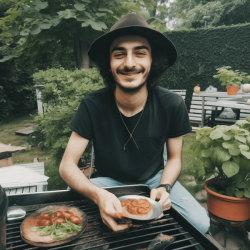 Kemal steht an Gartengrill und hält strahlend ein Steak auf Grillbesteck in die Kamera