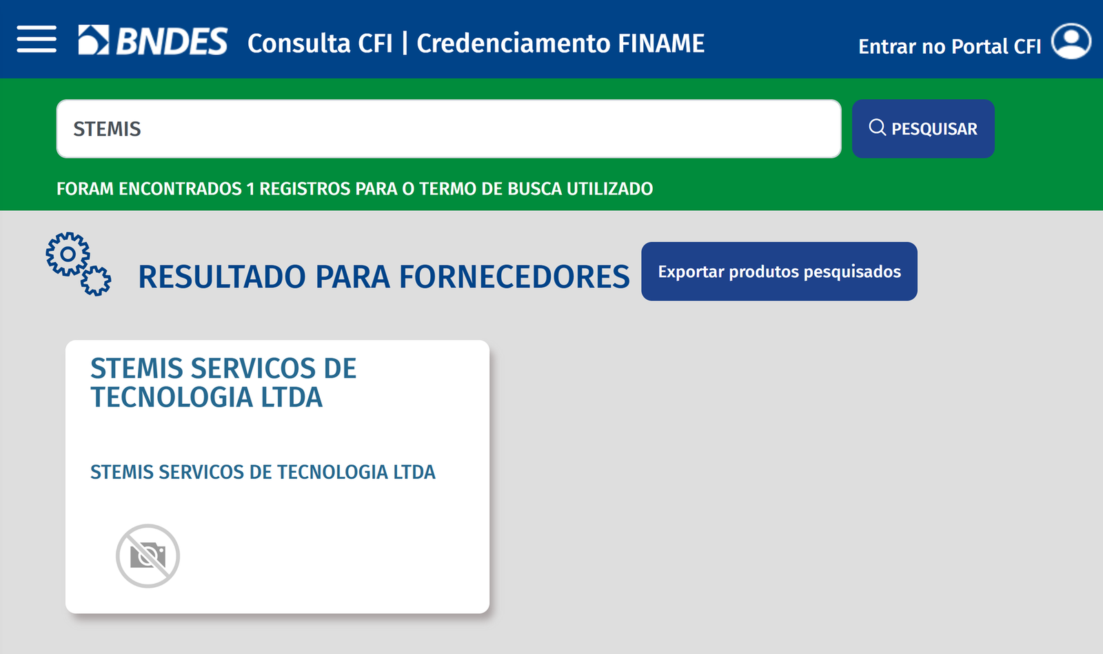 Consulta pública do Sistema CFI do BNDES com a STEMIS Serviços de Tecnologia Ltda listada como fornecedora