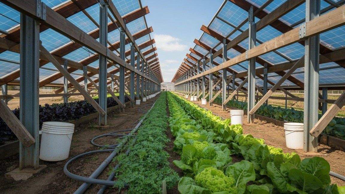 Usina fotovoltaica instalada sobre area agricola, gerando energia para unidades consumidoras remotas.