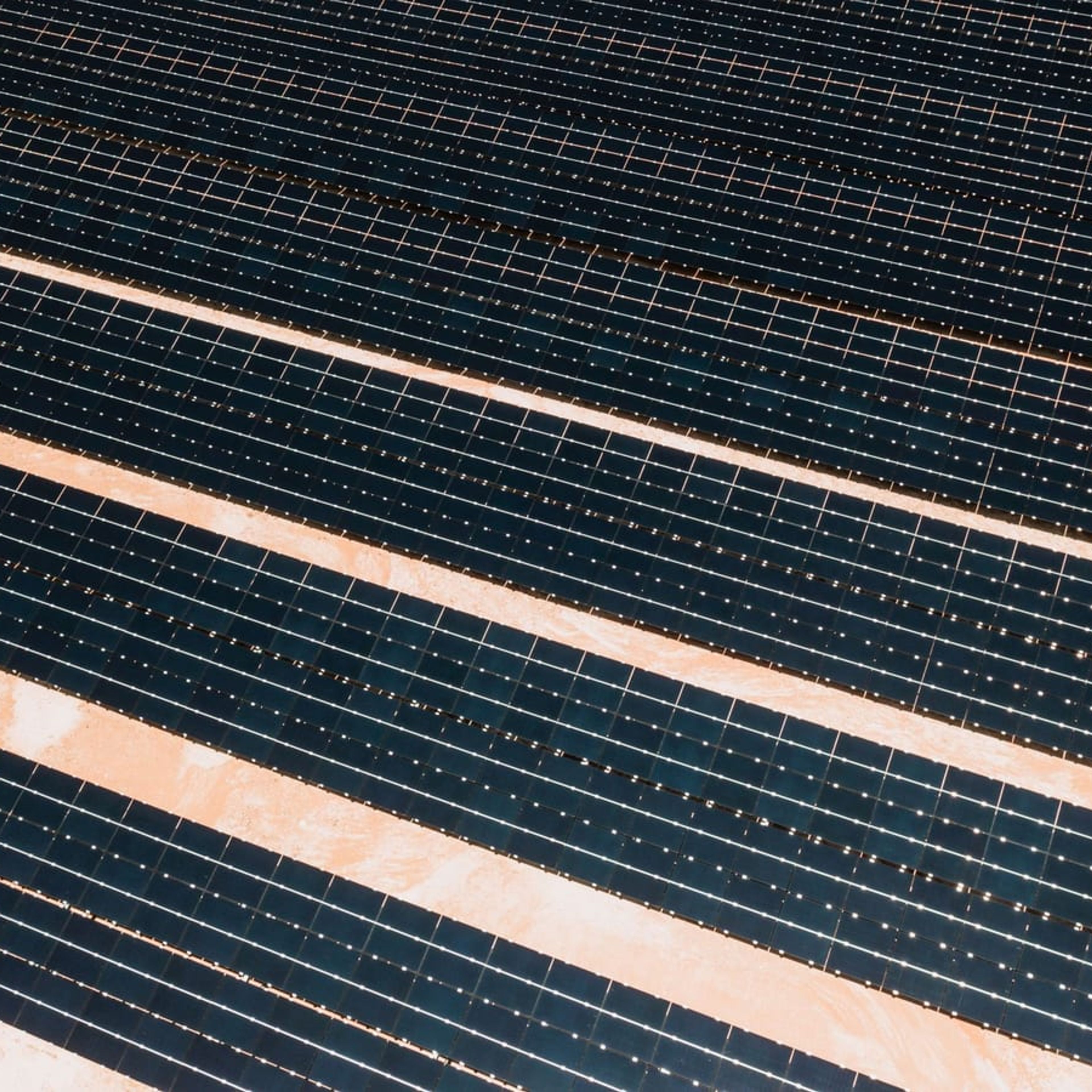 Vista aérea em diagonal das fileiras de módulos de uma usina fotovoltaica.