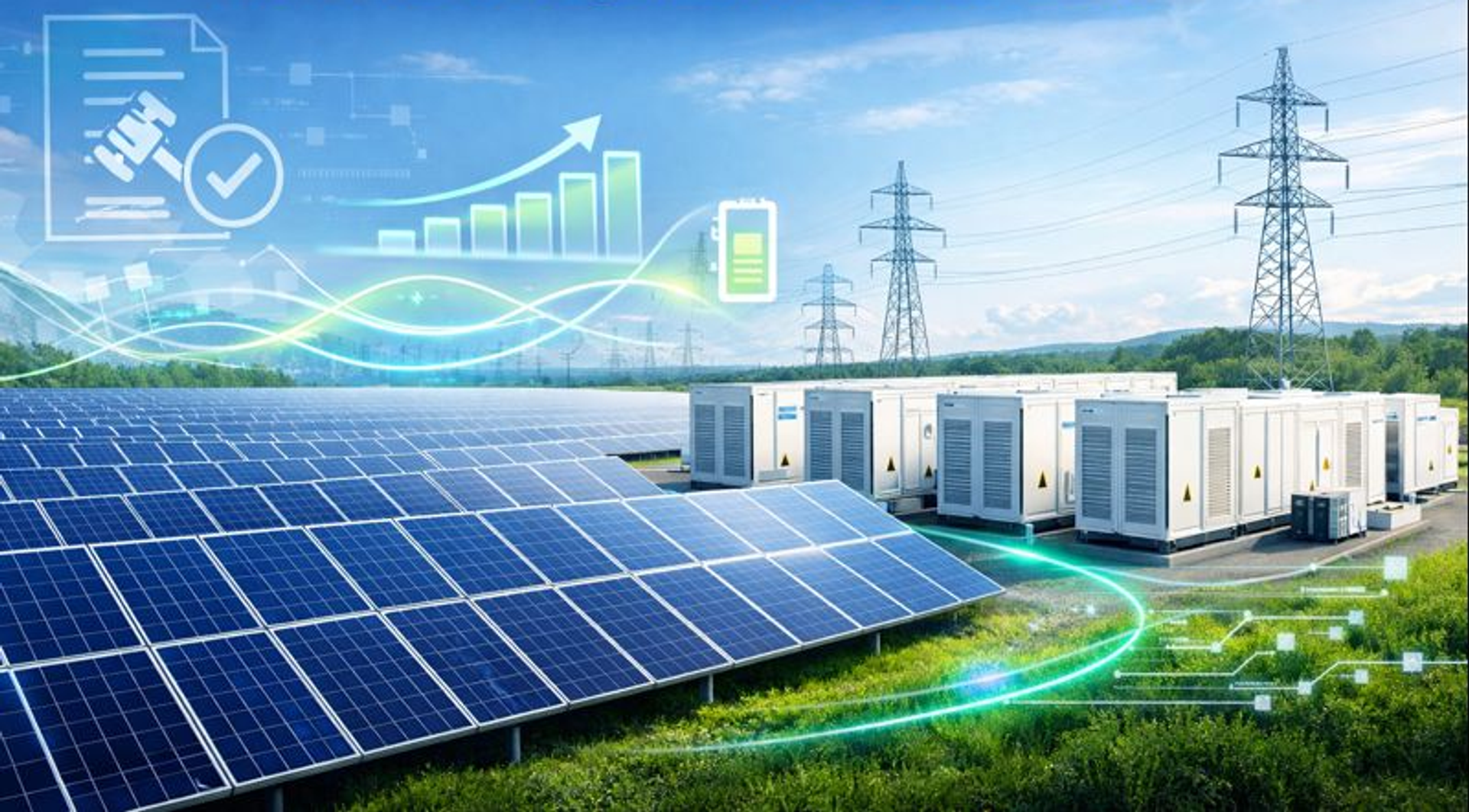 Solar panels, battery storage units, and power lines under a sky with digital energy management graphics.