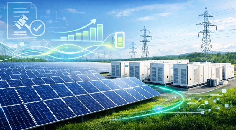 Solar panels, battery storage units, and power lines under a sky with digital energy management graphics.