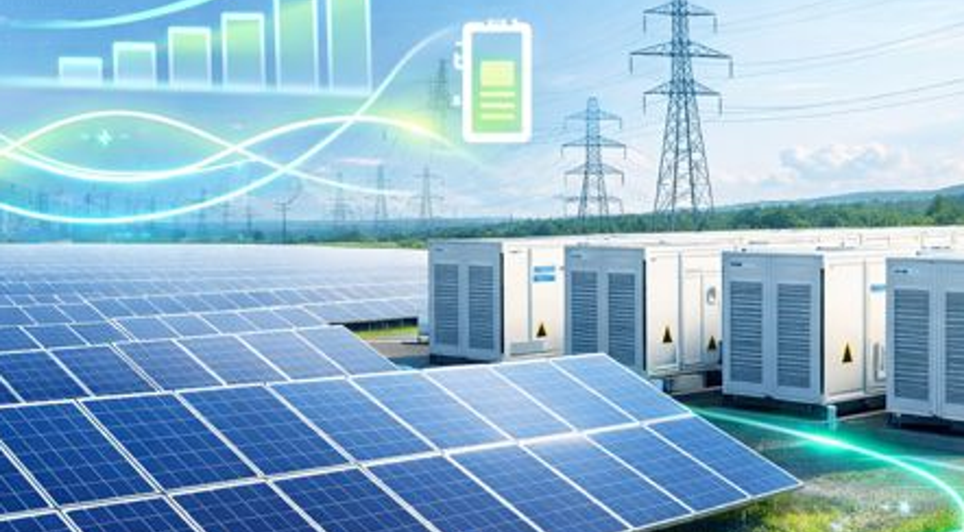 Solar panels, battery storage units, and power lines under a sky with digital energy management graphics.