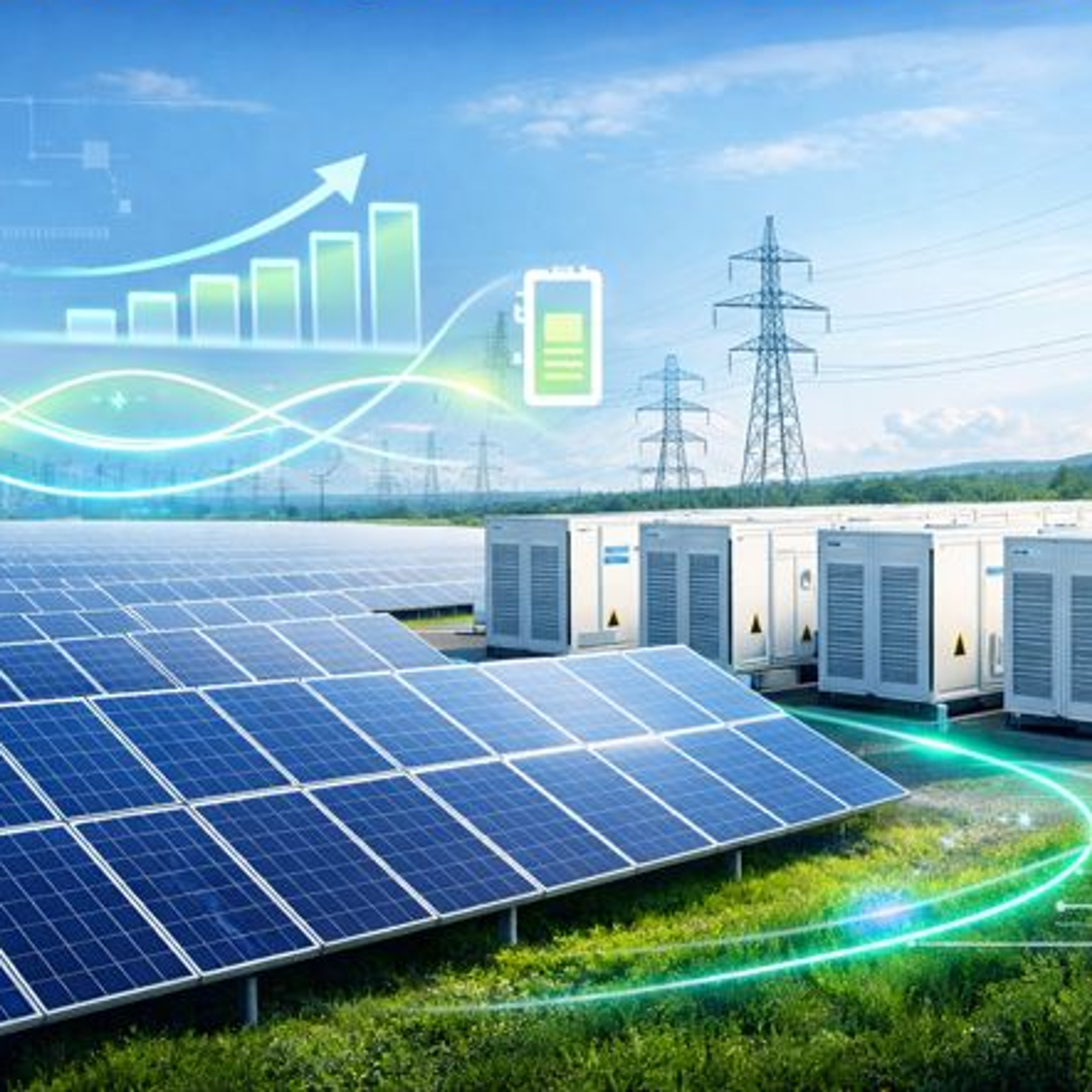 Solar panels, battery storage units, and power lines under a sky with digital energy management graphics.