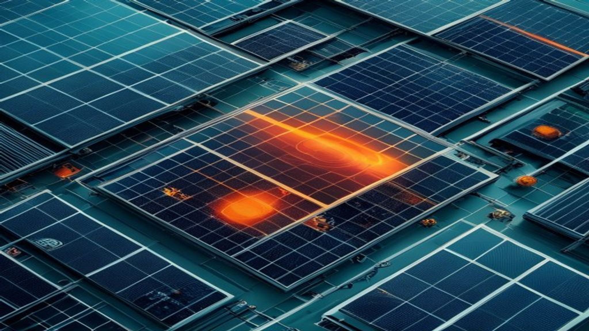Solar panel thermography with hotspots highlighted on photovoltaic modules during a drone inspection.