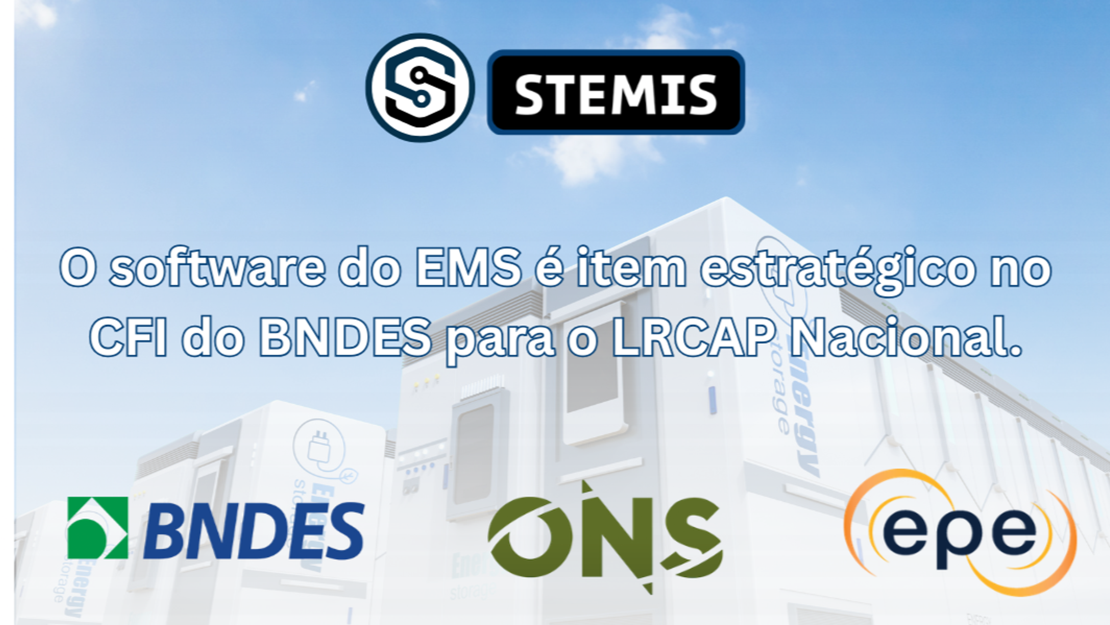 Capa do artigo: containers de armazenamento de energia em baterias com os logos do BNDES, ONS e EPE, e o título sobre o software do EMS como item estratégico no CFI do BNDES.