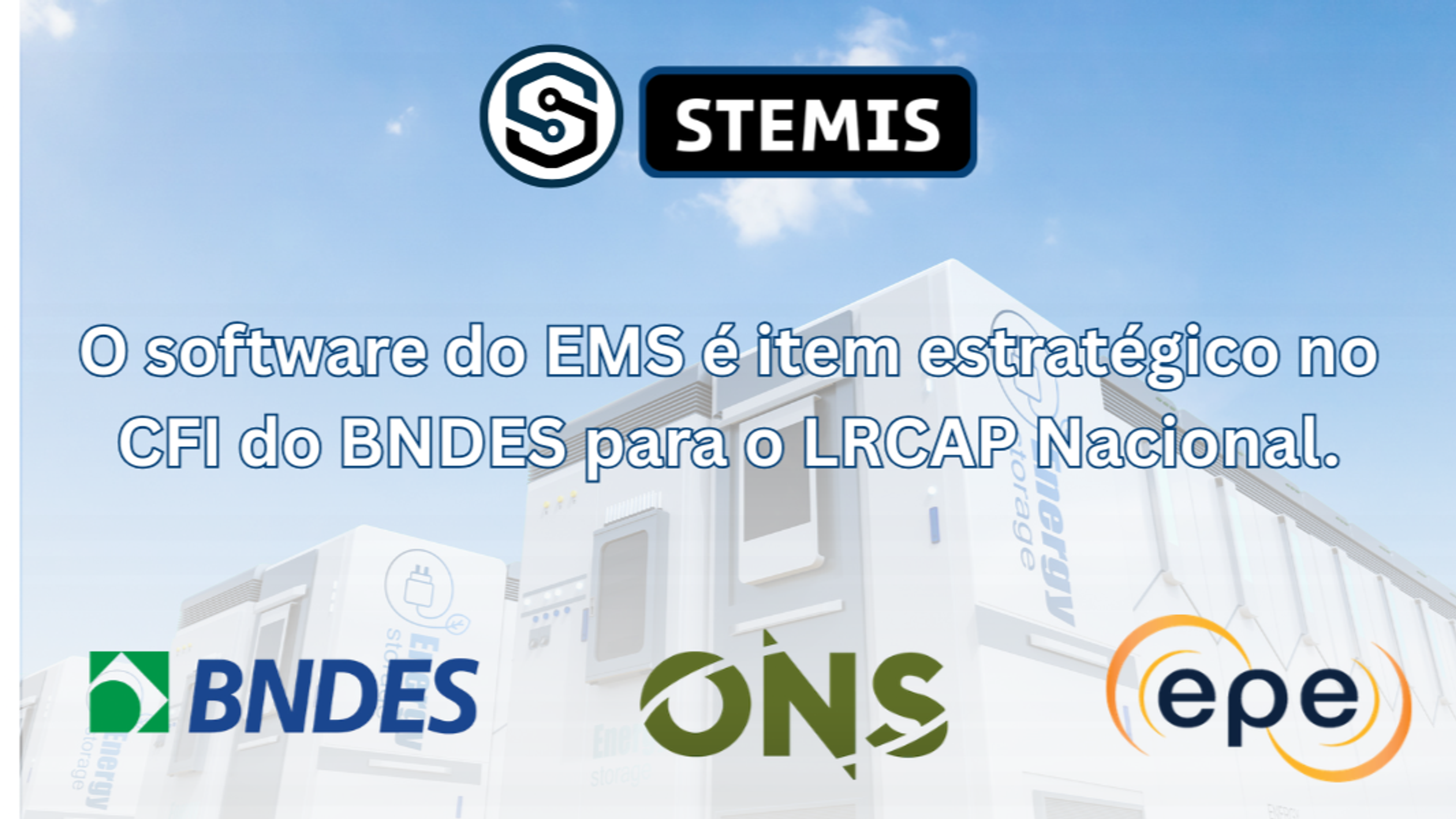 Capa do artigo: containers de armazenamento de energia em baterias com os logos do BNDES, ONS e EPE, e o título sobre o software do EMS como item estratégico no CFI do BNDES.