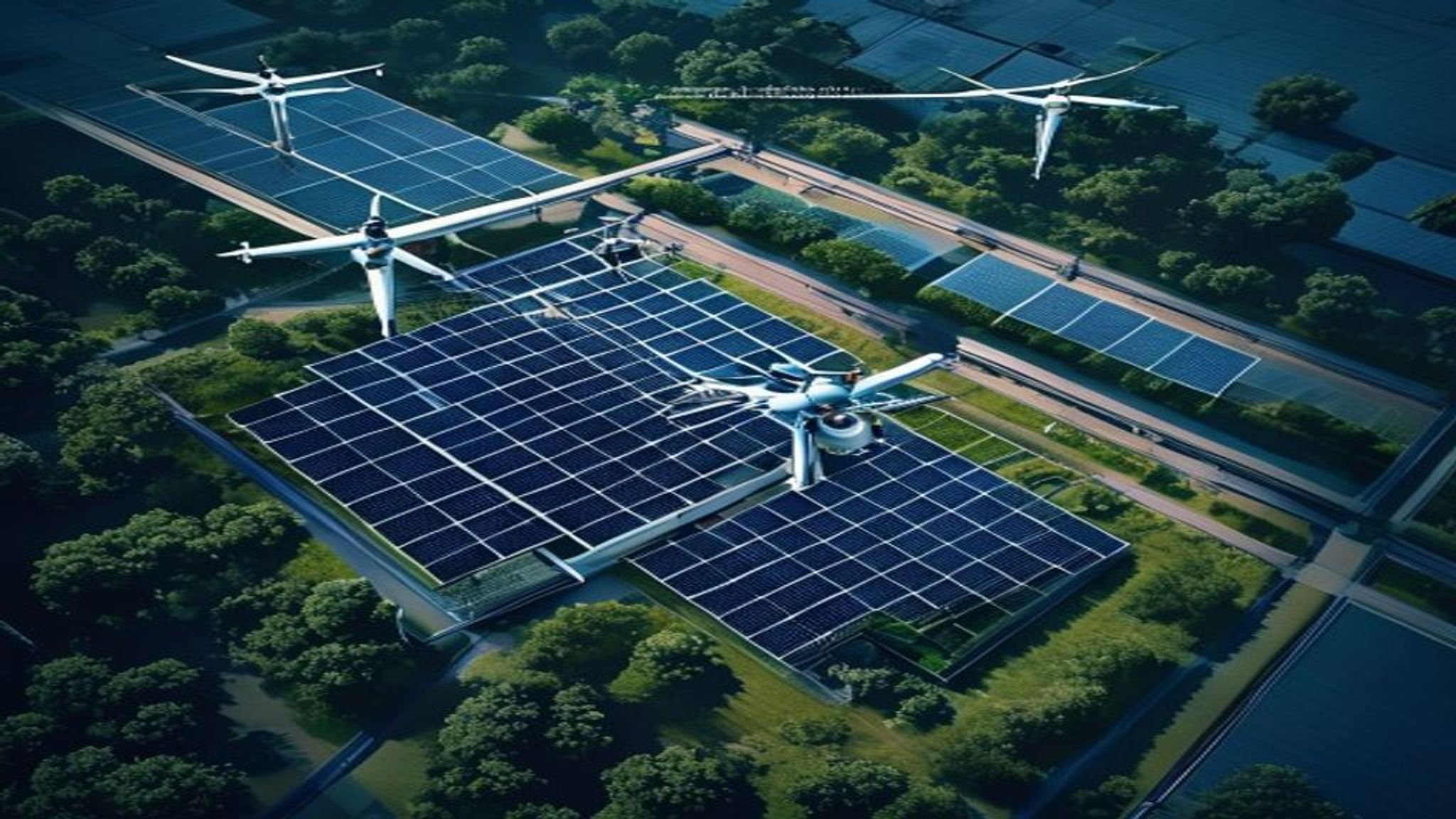 Solar farm monitoring with drone thermography and anomaly markers on photovoltaic panels.