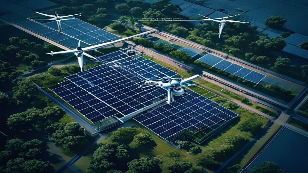 Solar farm monitoring with drone thermography and anomaly markers on photovoltaic panels.