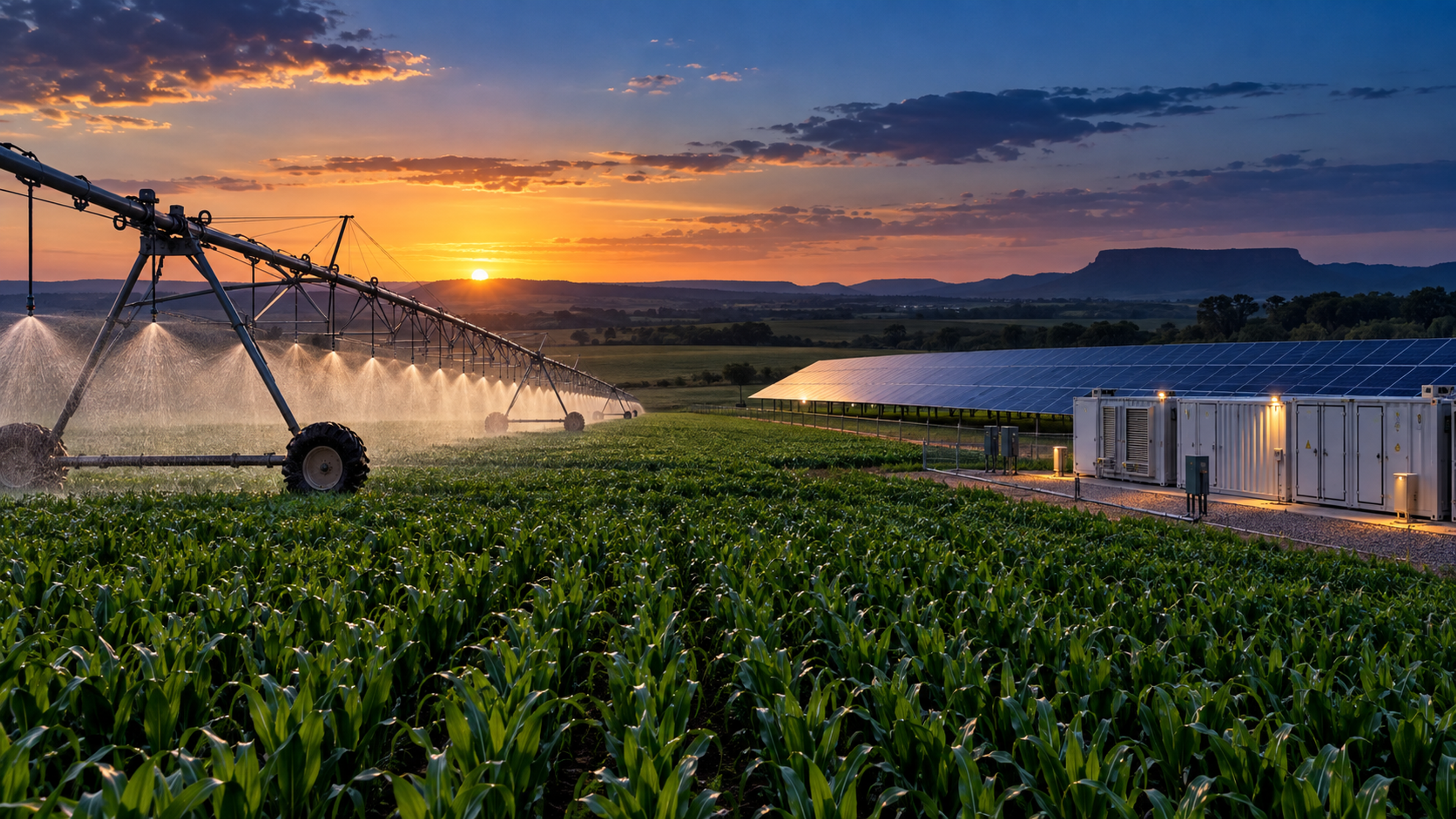 Sistema de irrigação agrícola operando ao entardecer ao lado de painéis solares e de um sistema de armazenamento em baterias.