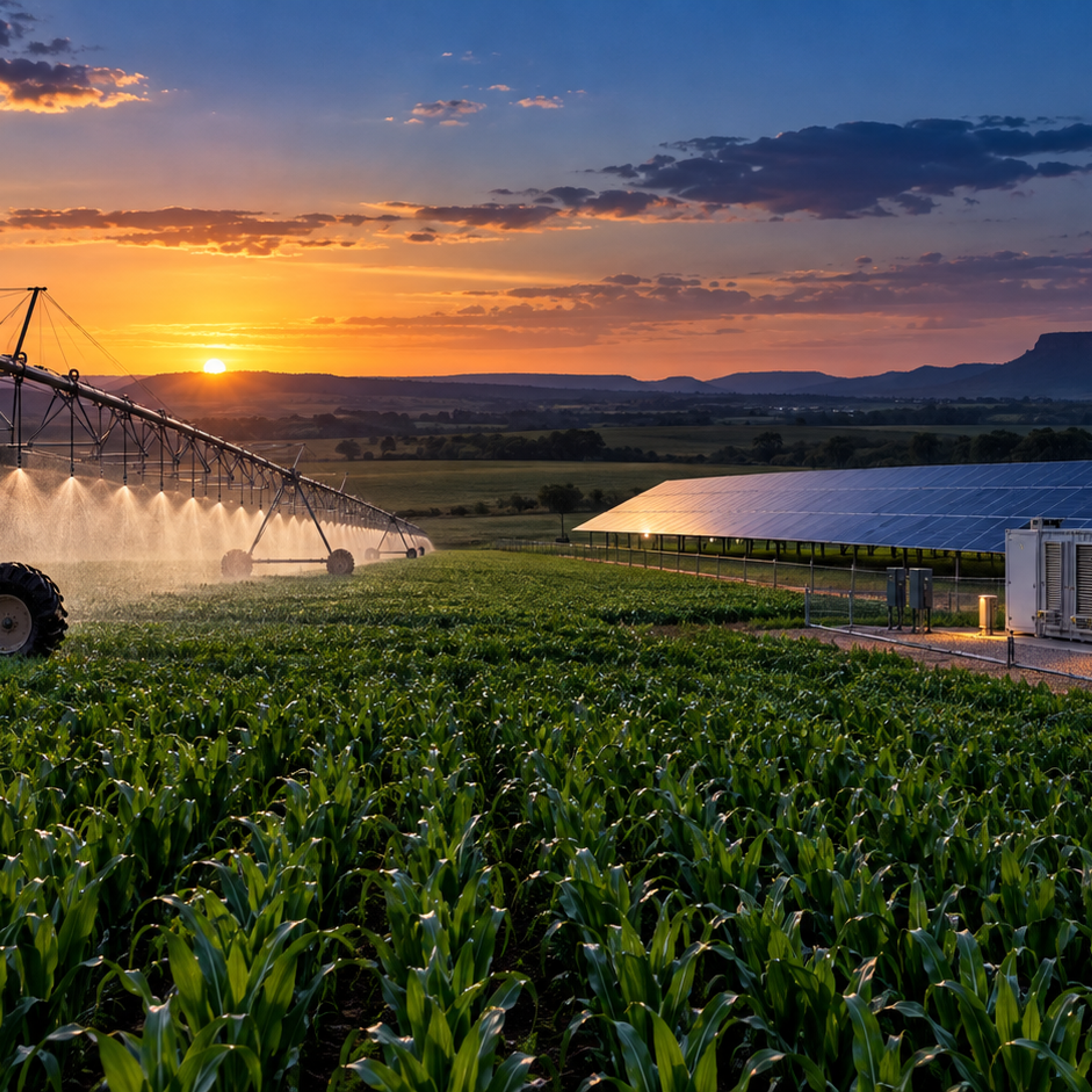 Sistema de irrigação agrícola operando ao entardecer ao lado de painéis solares e de um sistema de armazenamento em baterias.