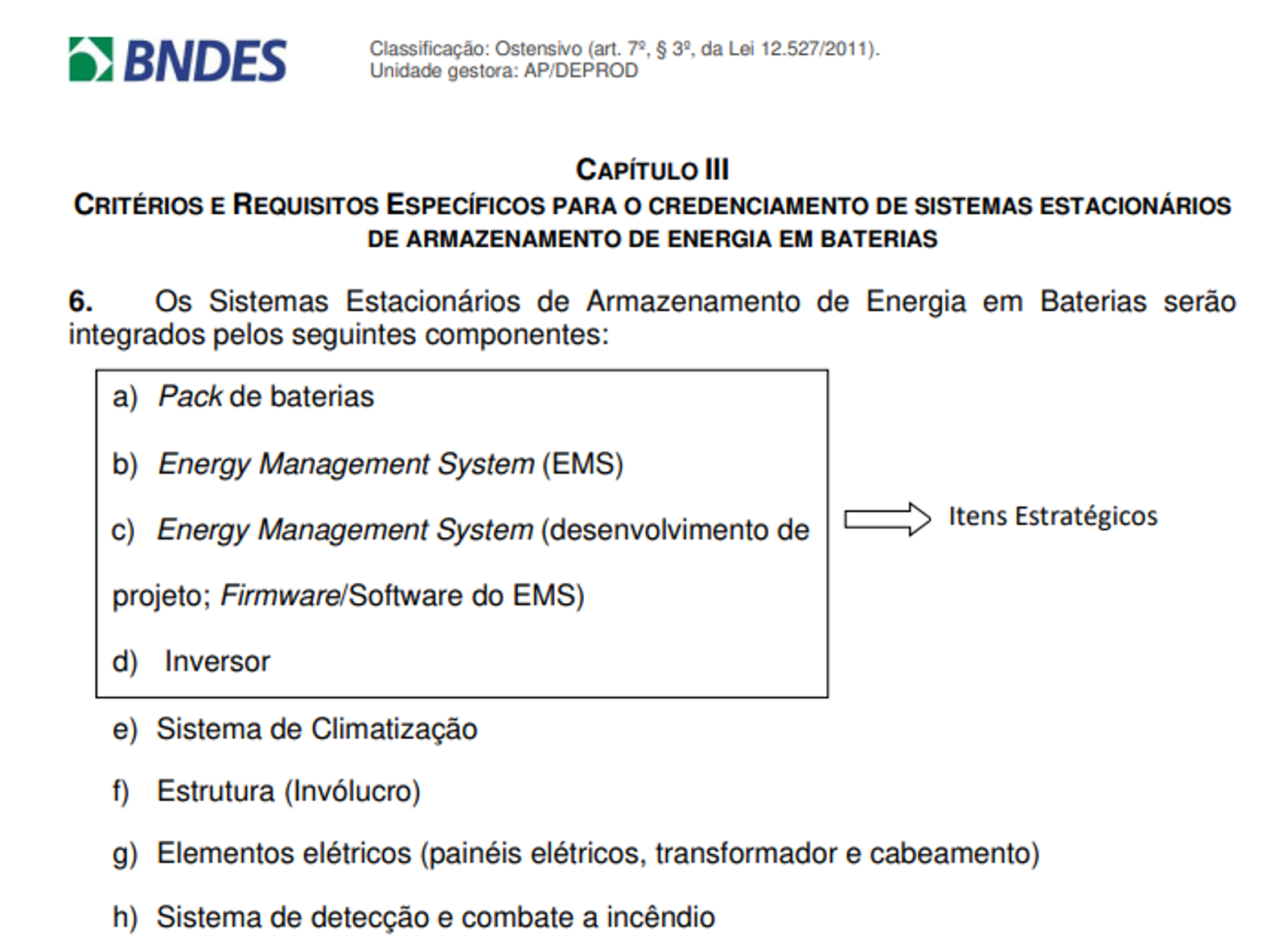 Print do 'Regulamento Setorial para o Credenciamento de Sistemas Estacionários de Armazenamento de Energia em Baterias e em Hidrogênio no âmbito do CFI do Sistema BNDES'
