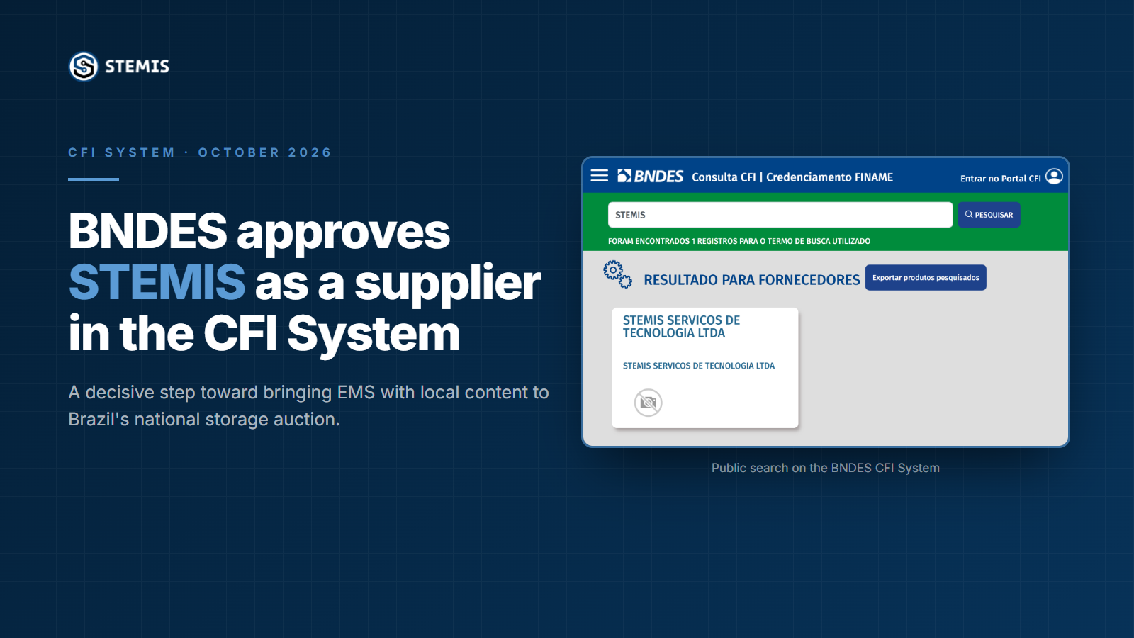 Cover: BNDES approves STEMIS as a supplier in the CFI System, with the public search screenshot