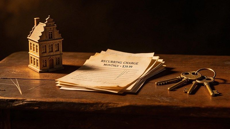 桌上有一個房屋模型、一疊訂閱帳單與一組黃銅鑰匙。網站資產從平台租用到自主擁有。