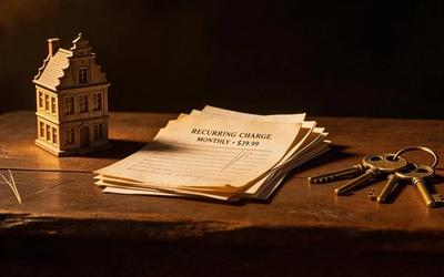 桌上有一個房屋模型、一疊訂閱帳單與一組黃銅鑰匙。網站資產從平台租用到自主擁有。