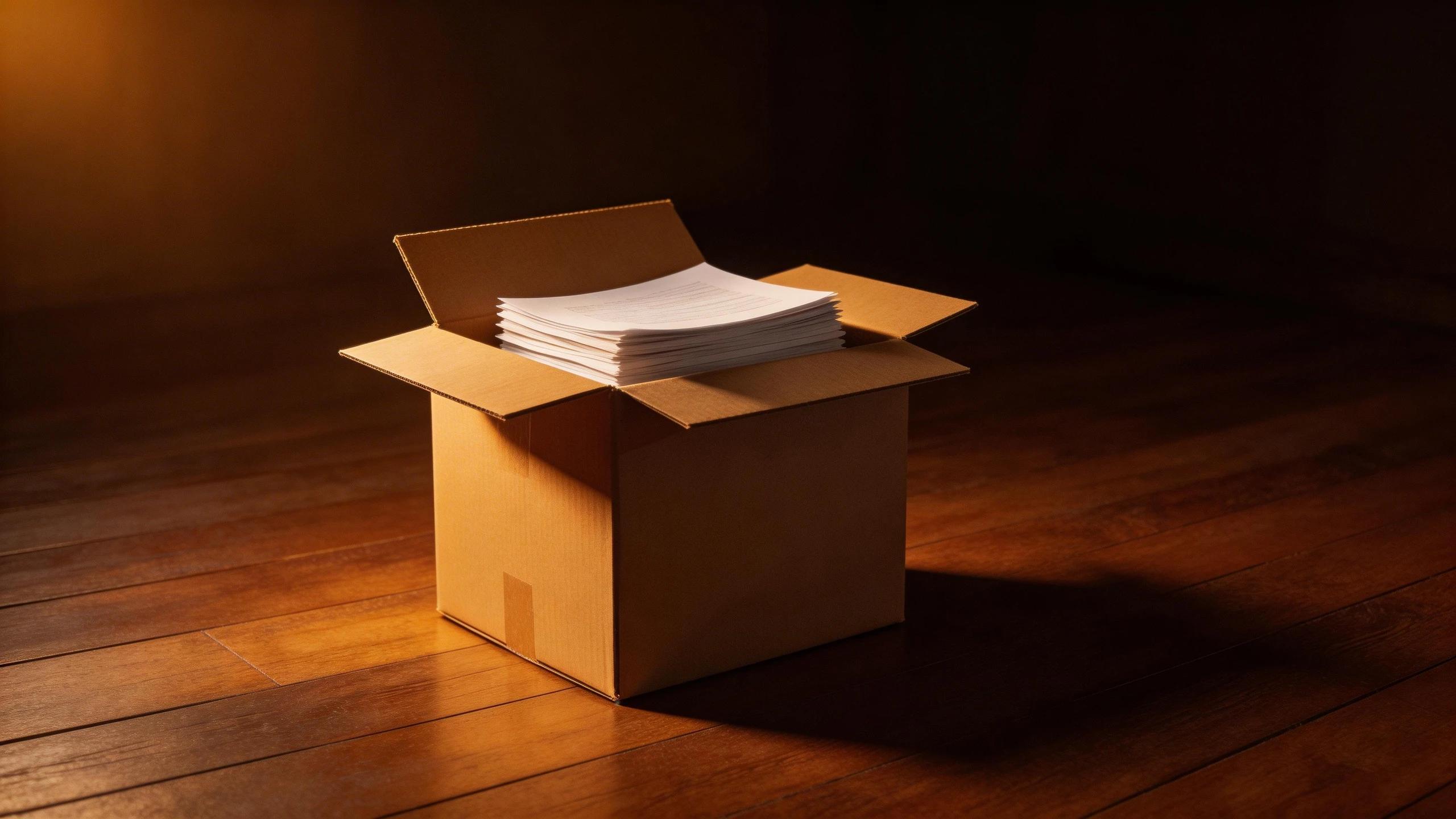 一個半開的搬家紙箱，箱內可見一疊文件，置於深色木地板上，琥珀色單一光源從左上方打入，隱喻多年累積的內容資產正準備遷往新居。