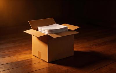 一個半開的搬家紙箱，箱內可見一疊文件，置於深色木地板上，琥珀色單一光源從左上方打入，隱喻多年累積的內容資產正準備遷往新居。