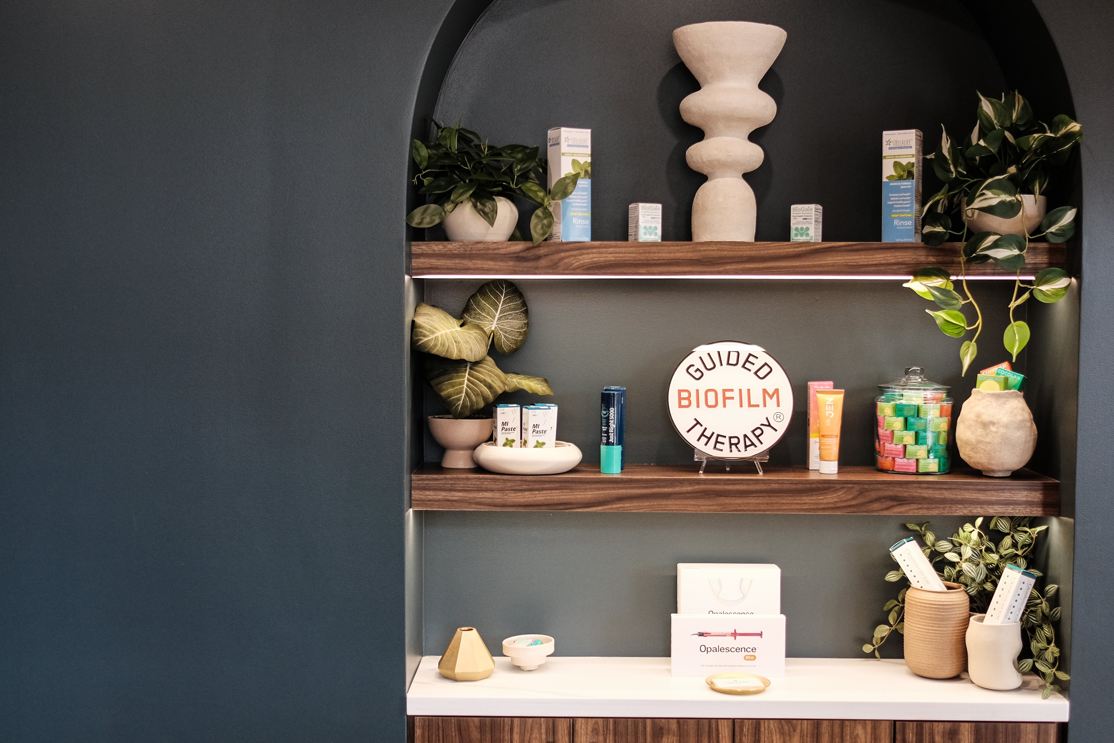 A dark arched alcove at Lumiere Dental with wood shelves holding oral care products, plants, and a round Guided Biofilm Therapy sign at the center.