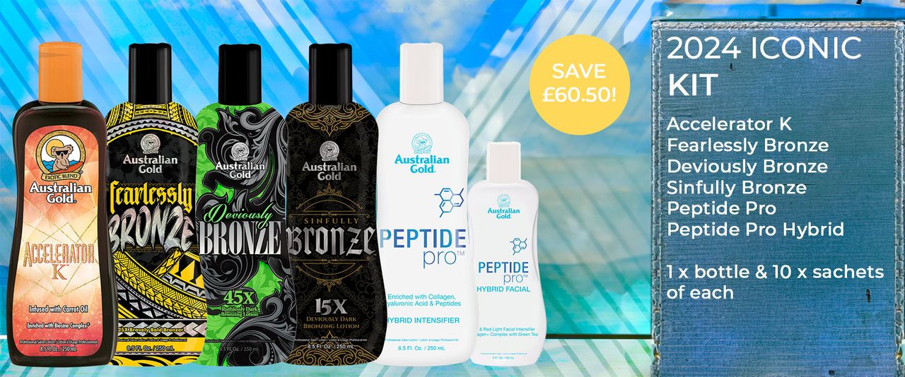Australian Gold Iconic Kit 2024 Banner featuring the iconic tanning lotions