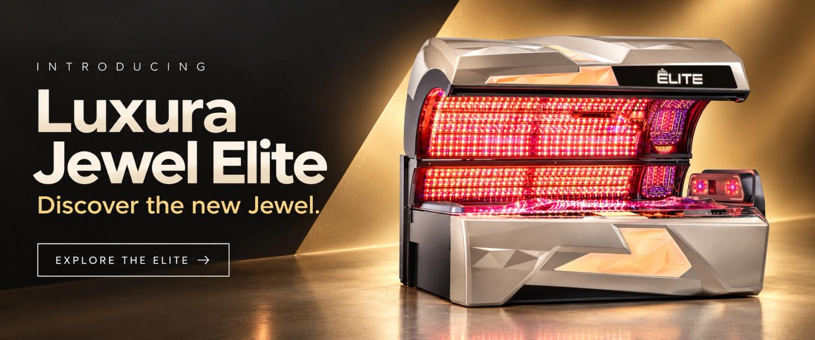 Introducing Luxura Jewel Elite. Discover the new Jewel. Explore the Elite. Sunbed shown in an illustrative studio setting.