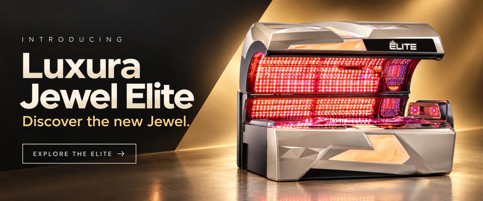 Introducing Luxura Jewel Elite. Discover the new Jewel. Explore the Elite. Sunbed shown in an illustrative studio setting.