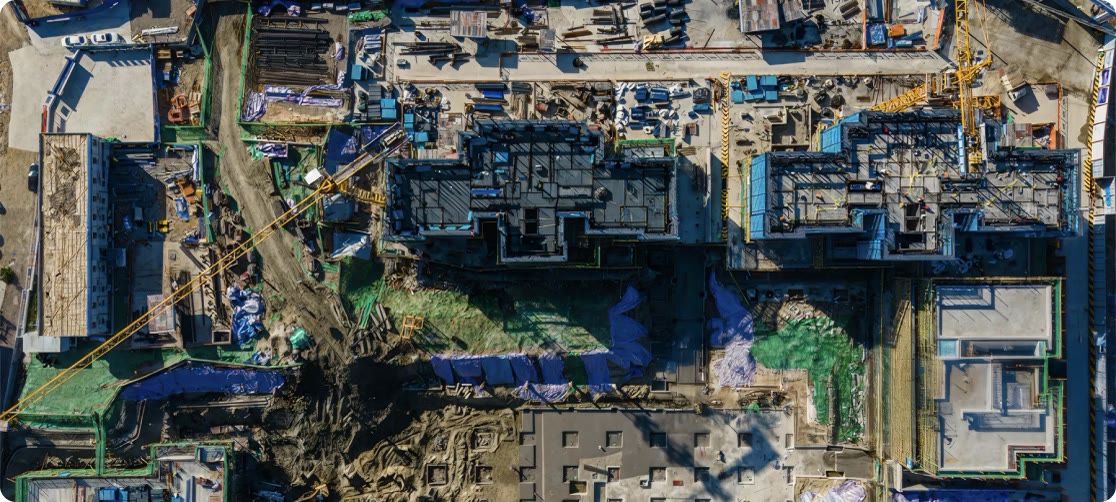 Aerial view of a dense construction site
