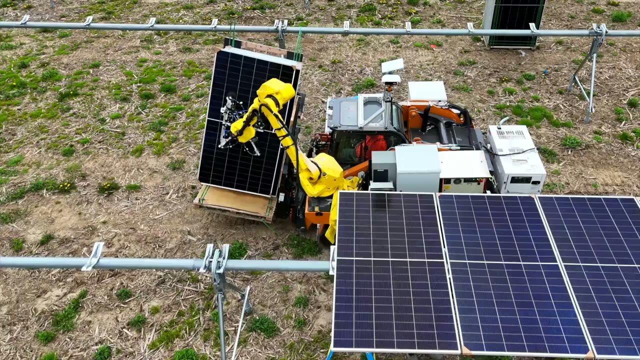Gritt machine handling solar panel components on a jobsite