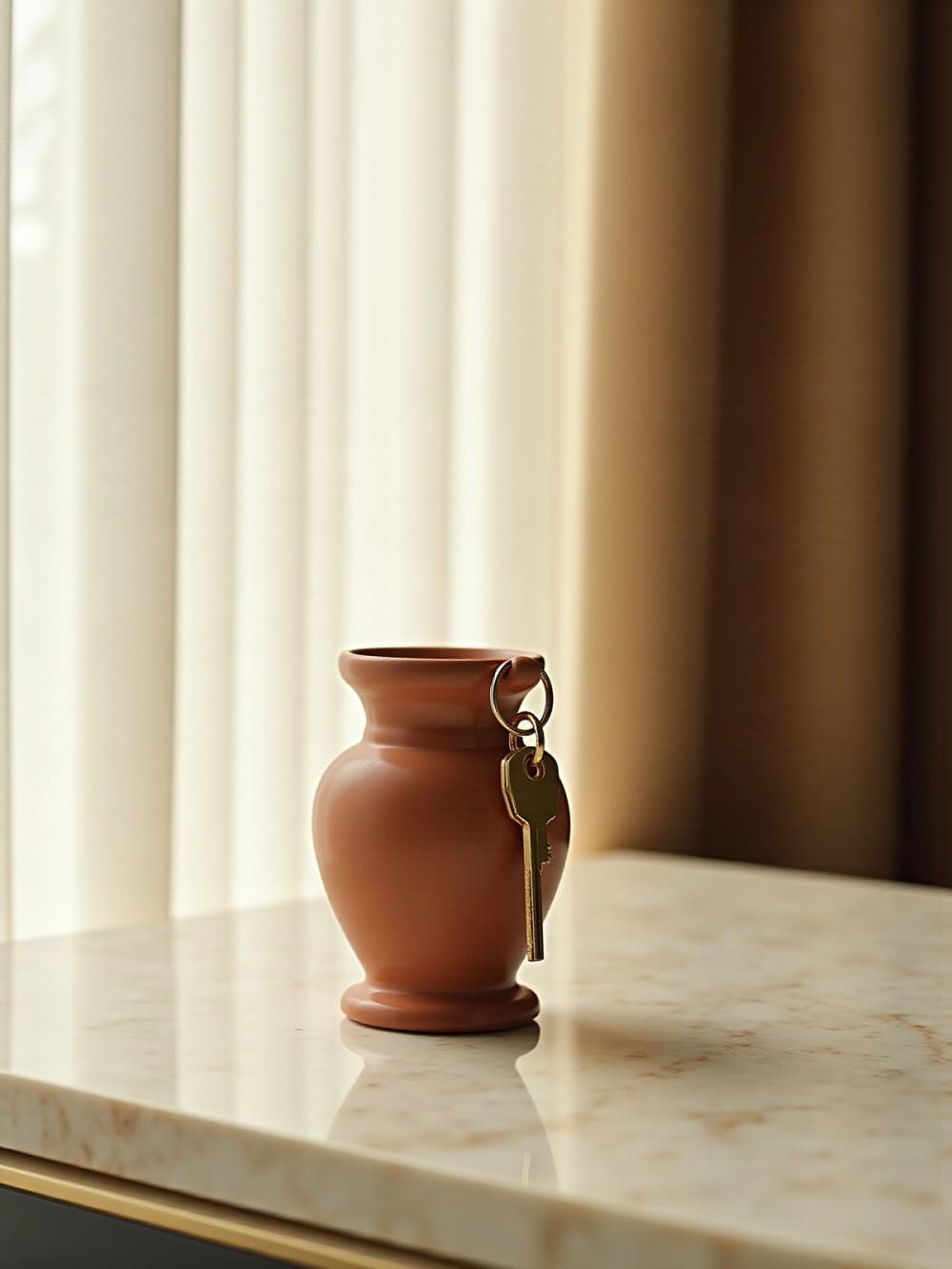 A key resting against a ceramic vase, a quiet symbol of a home