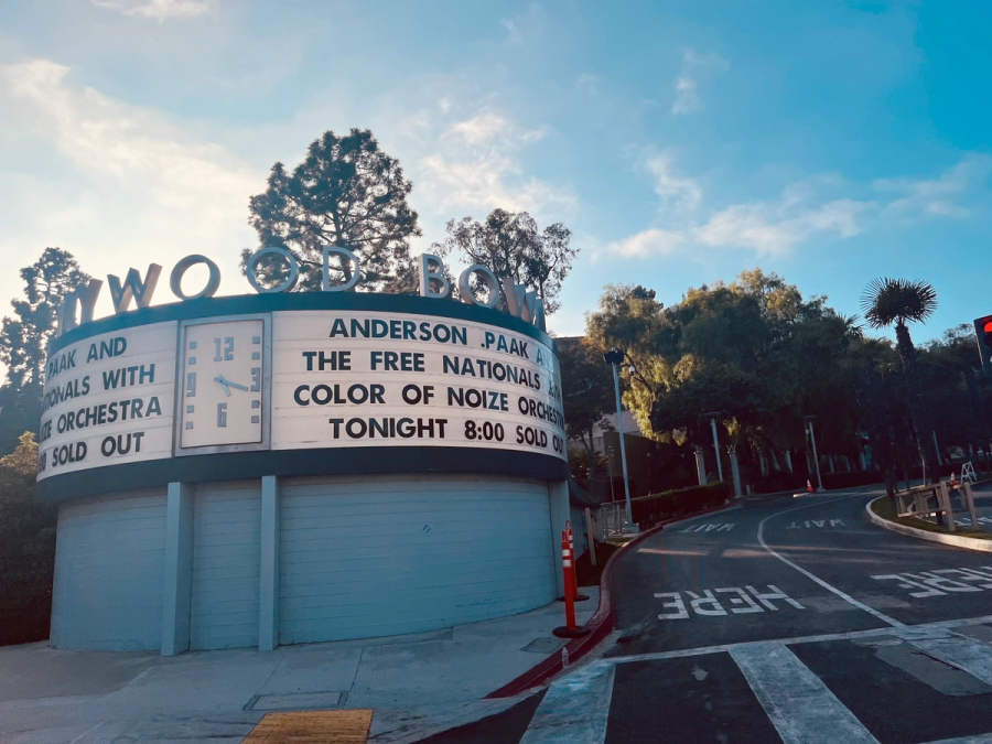 andersoon paak announced on an old film theatre style sign in front of the hollywood bowl entrance