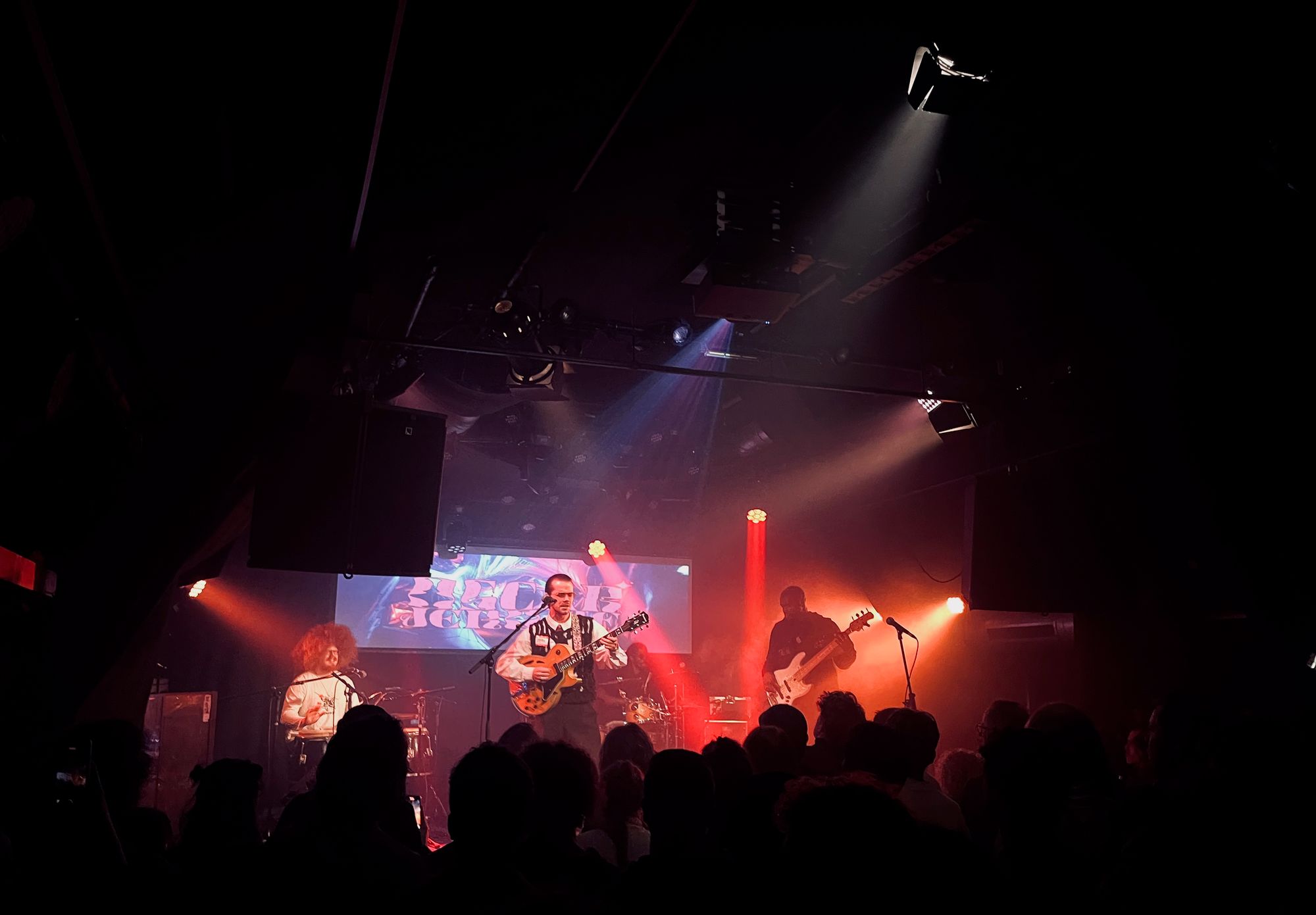 singer on stage, with bass drums and guitar