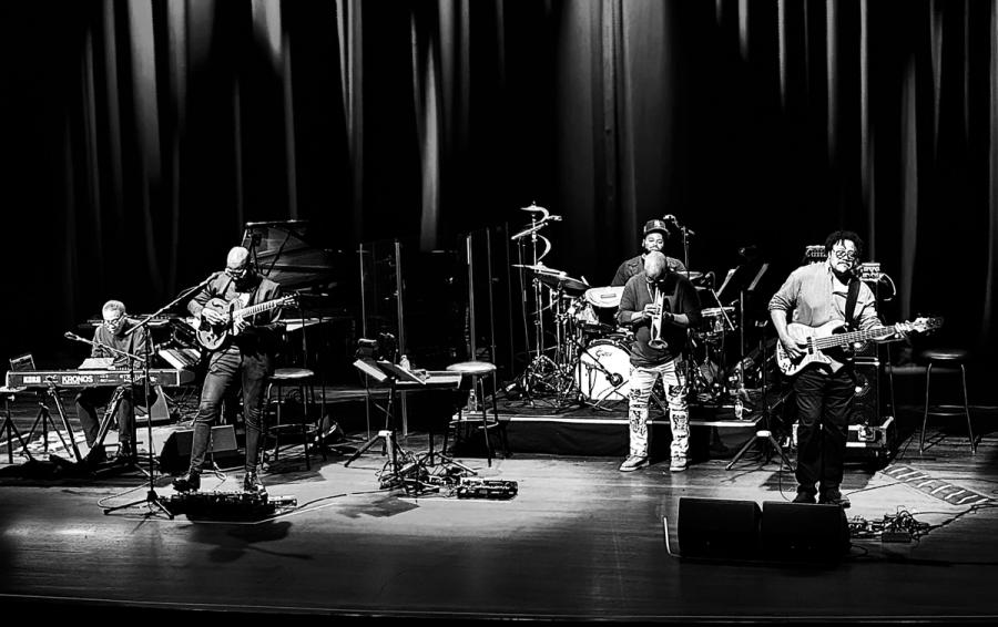 black white photo of Hancock with band on stage