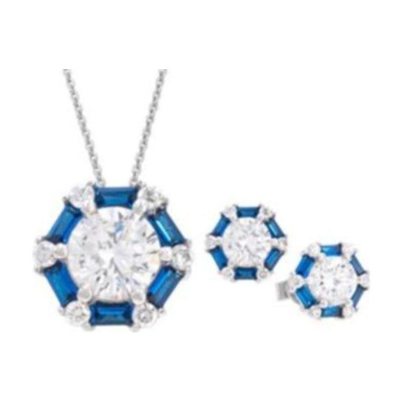 Sterling Silver Baguette Blue Earrings and Necklace Set