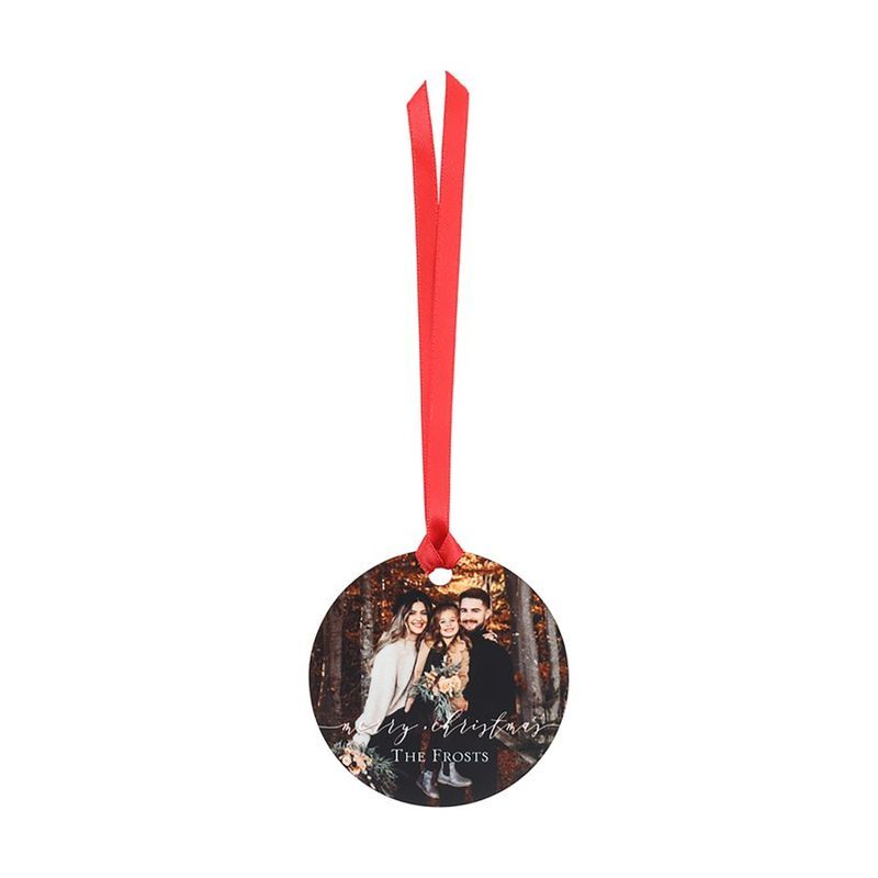 Merry Christmas Script Round Metal Ornament