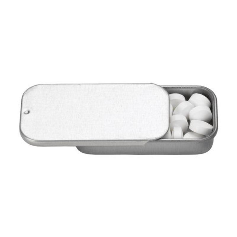 Small Silver Rectangular Slider Tin with Mints (2 x 1 in)