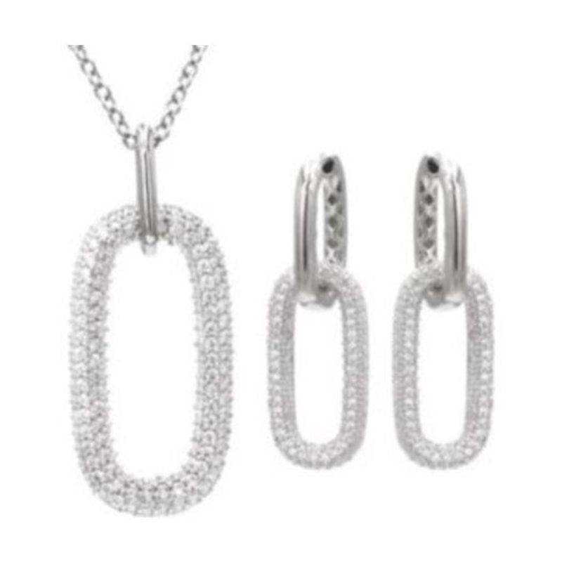 Sterling Silver CZ Dangle Paperclip Earrings and Necklace Set