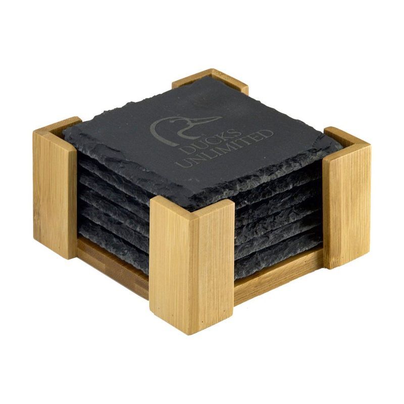 Slate Coaster Set with Wood Stand