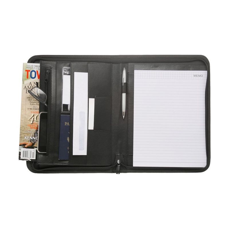 Zippered Leather Portfolio with Pen Loop and Two Pockets